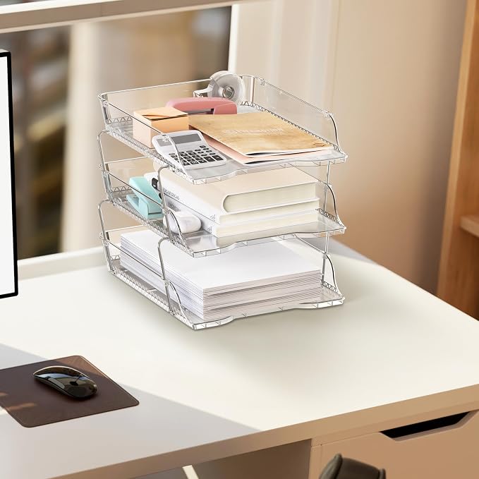Simple Houseware 3-Tier Crystal Clear Stackable Document Letter Tray Paper Organizer - Desk Organizer for A4/Letter Size Documents, File Sorter, Paper Holder, Office Desktop File Storage, Acrylic Look