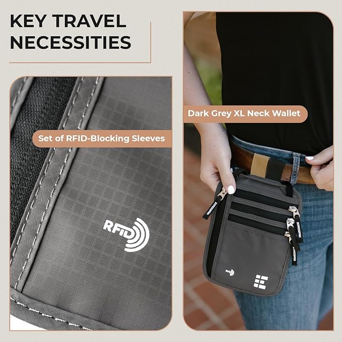 Neck Wallet for Travel & Passport Holder with RFID Blocking - Slim & Easy to Conceal Nylon Travel Pouch for men & women - Holds Phone, Cash, Cards, Keys - Sweat & Water Resistant - XLarge - Dark Grey