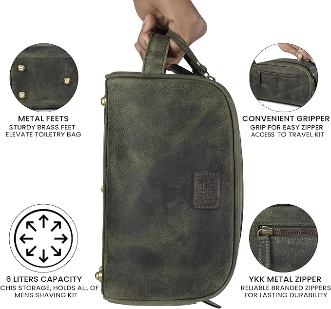 LEATHER VILLAGE Genuine Leather Toiletry Travel Pouch With Waterproof Lining - Olive | King-Size Handcrafted Vintage Dopp Kit Bag, Shaving & Bathroom Organizer, Gift for Men & Women