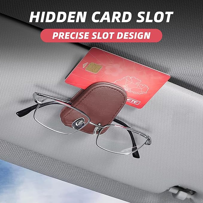 2PCS Sunglasses Holders for Car Sun Visor, Leather Eyeglasses Hanger Mounter, Magnetic Glasses Holder and Ticket Card Clip, Universal Auto Interior Accessories (Wine Red, 2PCS)