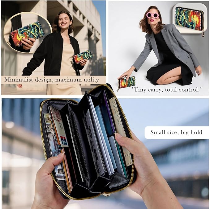 Zip Around Wallets for Women with Detachable Wrist Strap, Large Capacity RFID Blocking Leather Purse Organizer Card Holder Wristlet,Retro Japanese Waves