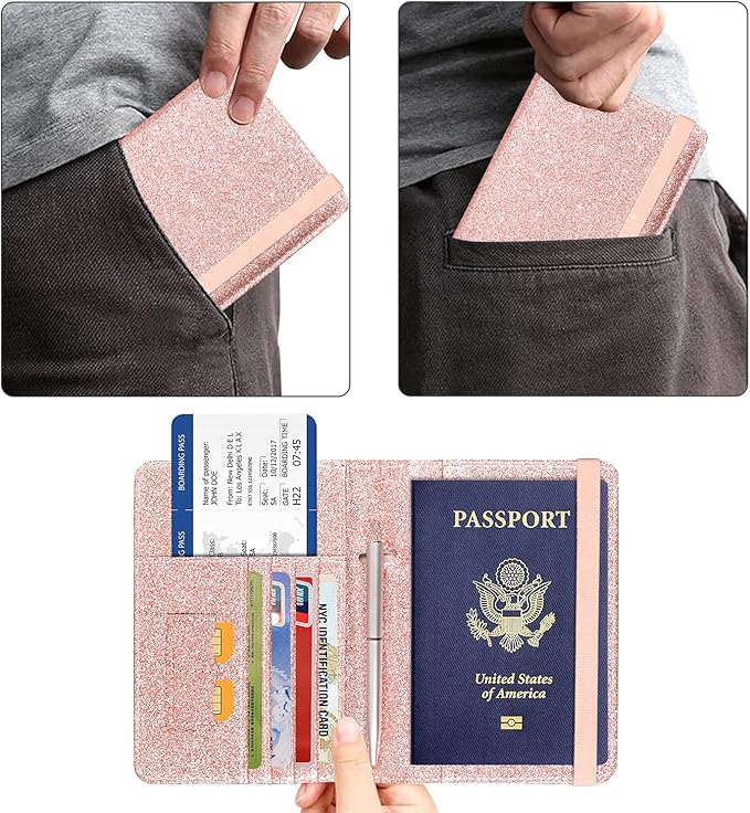 ACdream Passport Holder Cover, Leather Travel Wallet Case, RFID Blocking Document Organizer Protecrtor, with Slots for Credit Cards, Boarding Pass, for Women and Men, Glitter Rose Gold