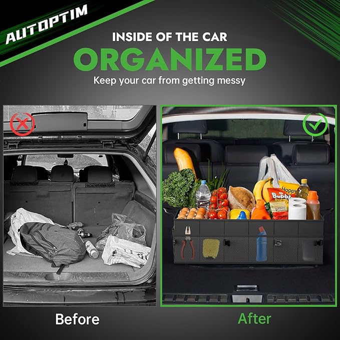 AUTOPTIM Car Trunk Organizer - 85L Collapsible Car Organizer with Non Slip Bottom for Groceries, Trunk Storage with Base Panel for SUV Sedan Van, 3 Compartments (Black, Large)