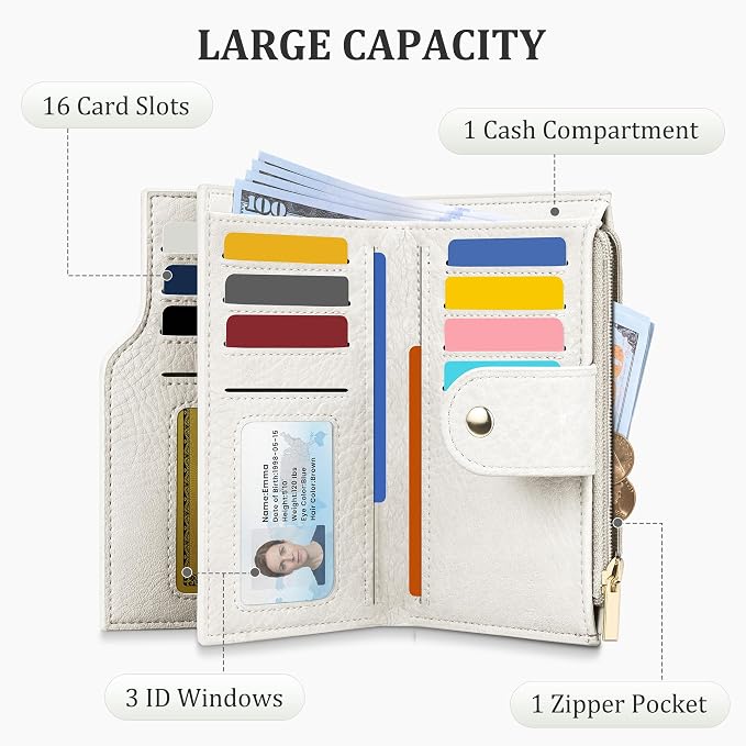 Airkit Small Women's Bifold Wallet, RFID Blocking Credit Card Holder with Zipper, Travel Cute Coin Pocket Wallet for Ladies, Cream White