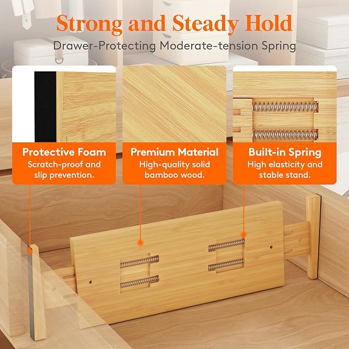 Lifewit 5" High 6 Pack Bamboo Drawer Dividers 45-55cm/17.5-22" Adjustable Wooden Drawer Organizer for Clothes/Utensils, Expandable Drawer Separator for Dresser/Kitchen/Bedroom/Office Organization
