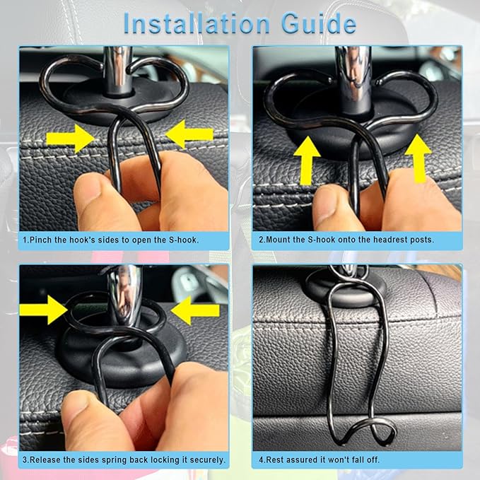 4 Pack Purse Hook for Car SUV Truck Seat Front Back Organizer Metal Hanger Headrest Holder for Handbag, Bag, Hardhat, Grocery Road Trip Must Haves Car Gadgets Accessories for Women (2*Small + 2*Large)