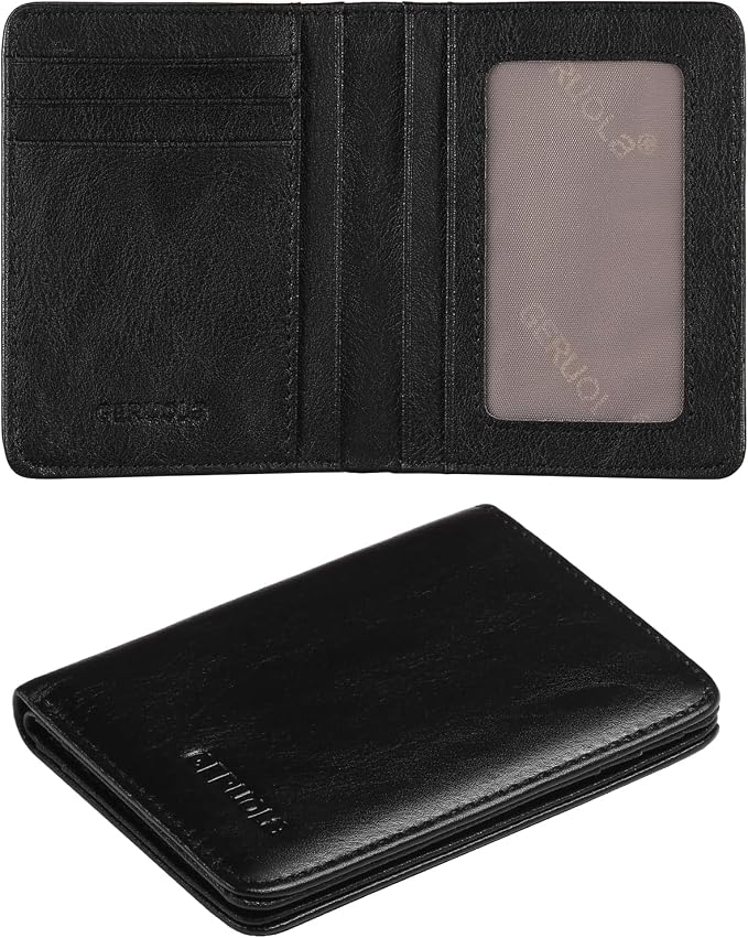 Bifold Slim Men Wallet Genuine Leather Thin, Small Vertical RFID Blocking Wallets for Men ，Compact & Stylish with Clear ID Windows (Black)