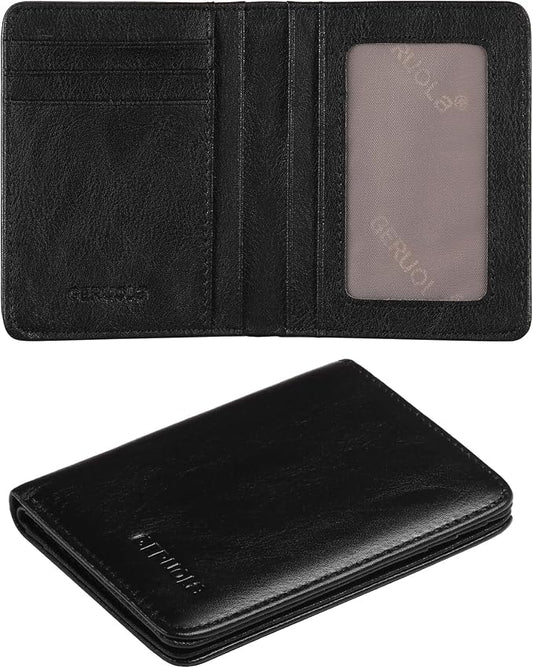 Bifold Slim Men Wallet Genuine Leather Thin, Small Vertical RFID Blocking Wallets for Men ，Compact & Stylish with Clear ID Windows (Black)