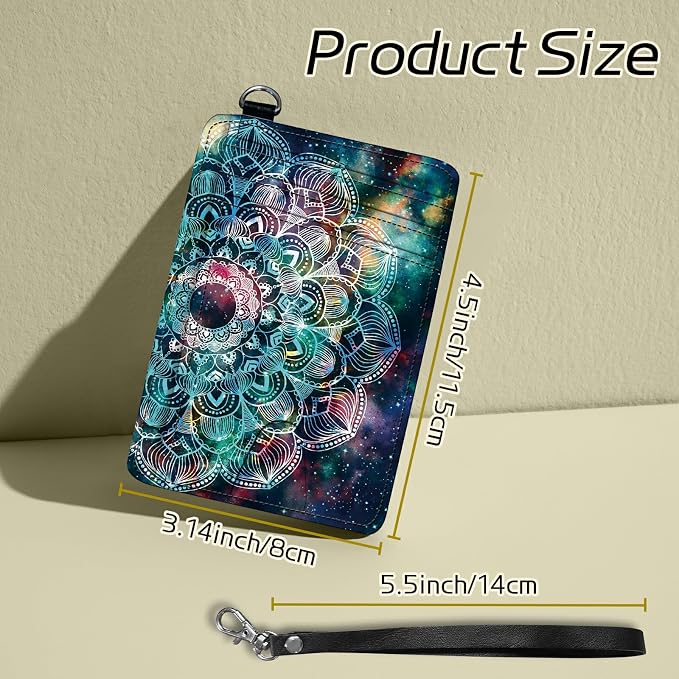 Small Travel Wallets, Art Mandalas Slim Minimalist Front Pocket Wallet with Wristlet, RFID Blocking PU Leather Credit Card Holder with ID Window Change Purse for Men Women