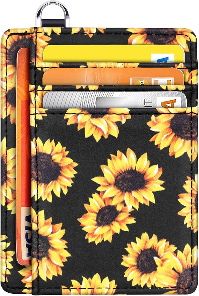 Coco Rossi Slim Front Pocket Wallet RFID Blocking Minimalist Credit Card Holder Wallet with D-Shackle for Women,Sunflower