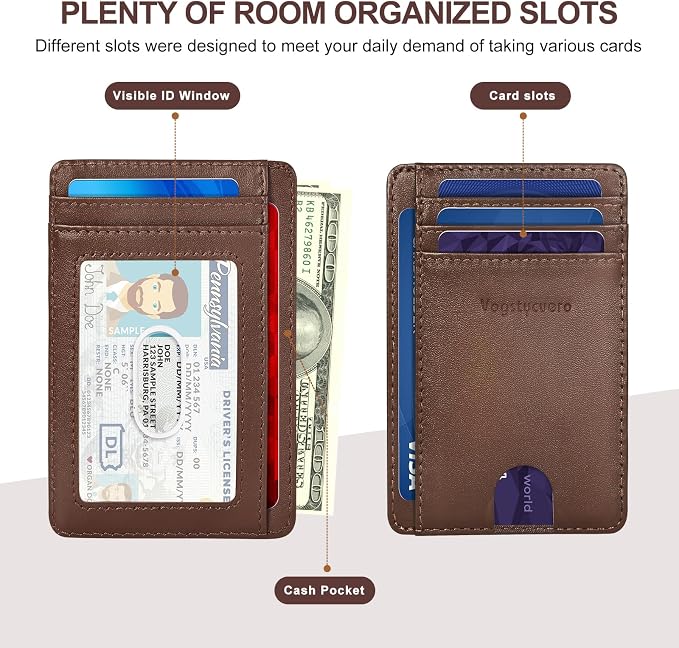 Slim Minimalist Front Pocket Thin Wallet RFID Blocking 100% Genuine Leather Credit Card Holder for men Women, with Gift Box -Grain Leather Brown