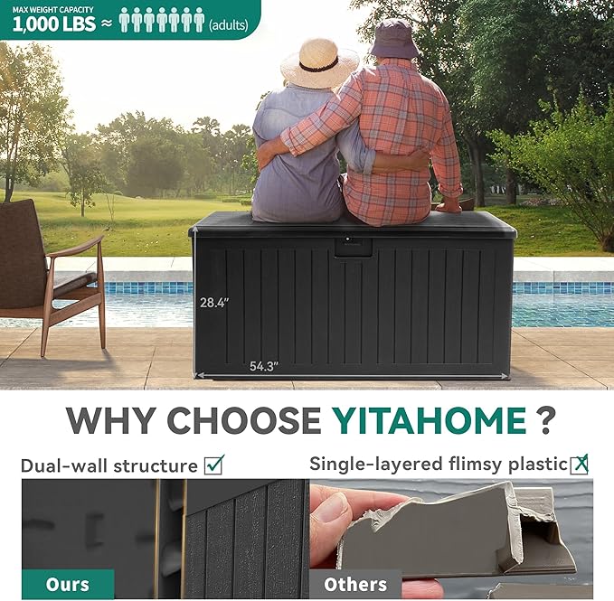 YITAHOME 150 Gallon Double-Wall Deck Box with Side Handles, Outdoor Large Storage for Patio Furniture Cushions, Garden Pool Accessories, Water Resistant & Lockable