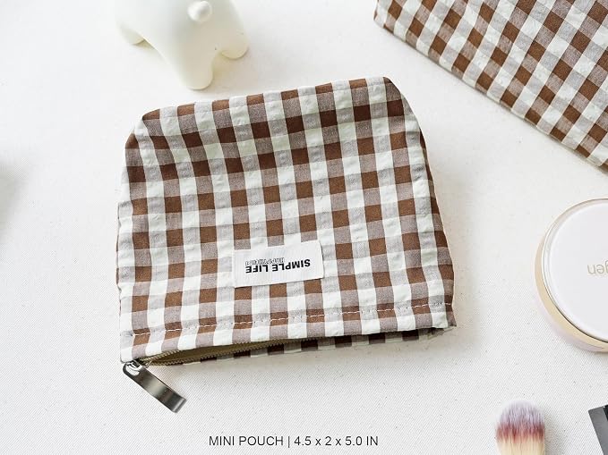 HAPPYHEIDI Nylon Checkered Makeup Bag Set 3 with Pocket Cosmetic Toiletry Travel Pouch, Small Accessory Organizer Bag, 3-Size, Brown, Large Medium Small, Lined, Lightweght