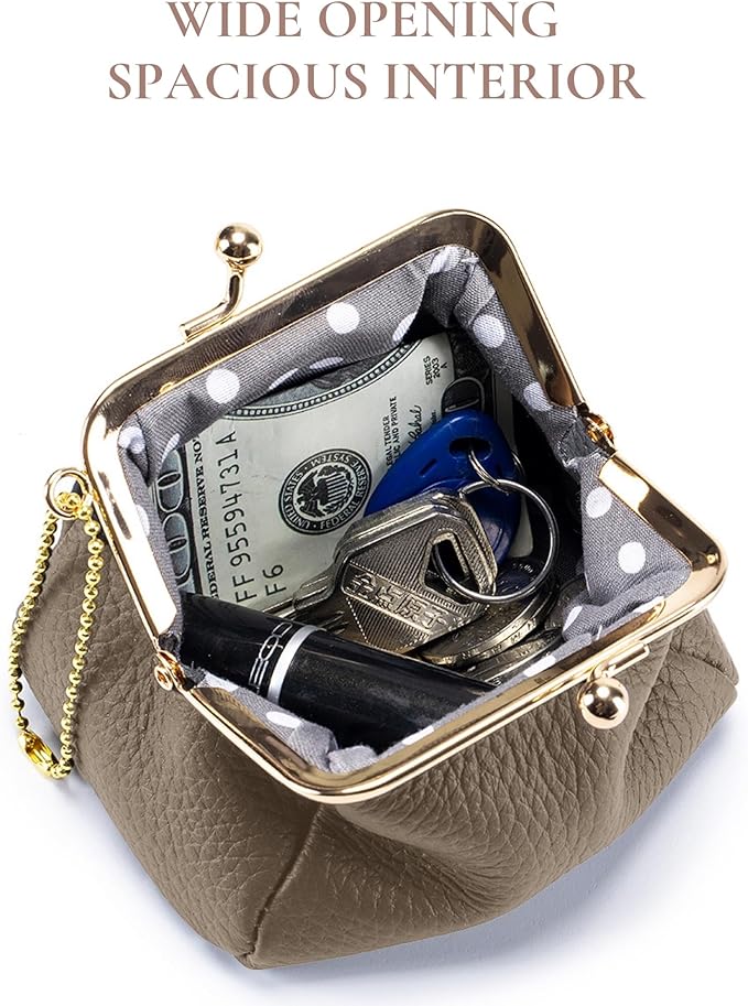 Genuine Leather Coin Purse for Women, Cute Mini Lipstick Holder Case, Small Vintage Kiss Lock Jewelry Storage Organizer Change Bag Pouch (Dark Khaki)