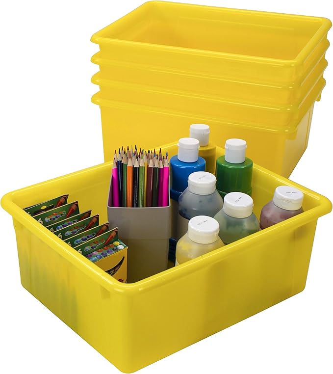 Storex Letter Size Deep Storage Tray – Organizer Bin with Non-Snap Lid for Classroom, Office and Home, Yellow, 5-Pack (62546A05C)