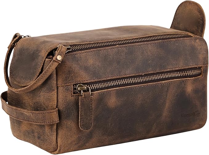 KomalC Premium Buffalo Leather Toiletry Bag for Men & Women With Water resistant Lining, Grooming Travel Pouch, Unisex Wash Bag for Toiletries, Gifts for Men and Women