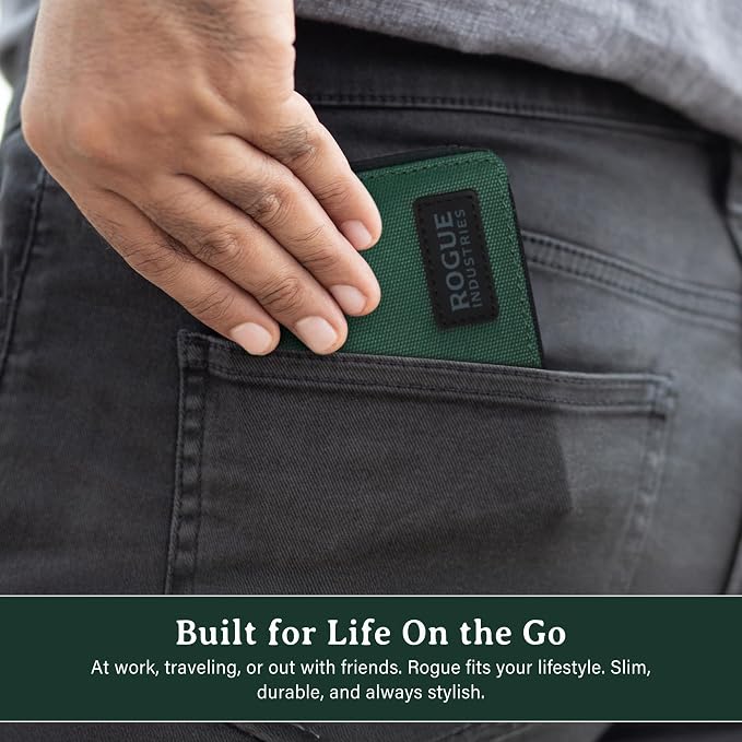 ROGUE WALLET Interior Genuine Leather Wallets for Men - RFID Blocking Robust Outer Nylon Wallets - Full Cash Slot and Expandable Coin Pouch - Gift for Men (Green)
