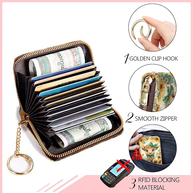 Blusabaca Highland Cow Cattle Modern Artwork Credit Card Holder for Women, Small RFID Blocking Wallet with Zipper, Card Keychain Wallet, PU Leather Wallet Card Case, Accordion Wallet Gift