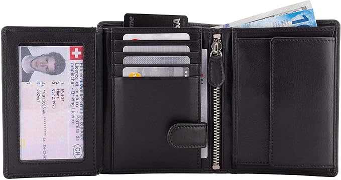 DiLoro Mens Full Size Large Capacity Genuine Full Grain Leather Wallet Bifold Flip ID Coin & Zip Pockets RFID Blocking Anti-Theft (Black Nappa)