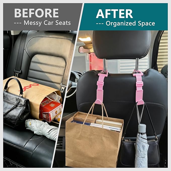 Amooca Headrest Hooks for Car Adjustable 4 Pack Vehicle Seat Back Organizer Storage Hanger Holder for Purse Bags Universal Fit with Clip Pink