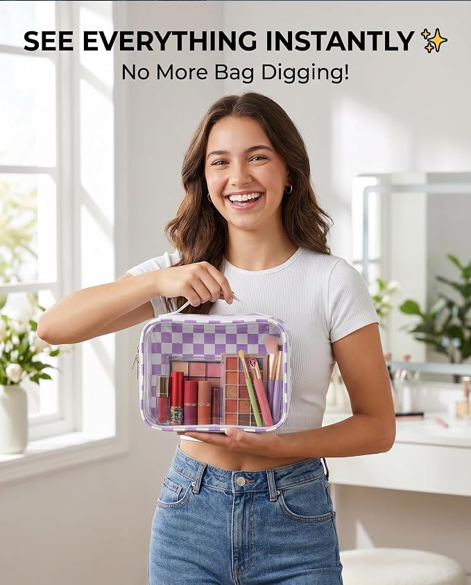 LETGO Clear Checkered TSA Approved Toiletry Bag,Diaper Bag Organizer Pouch Set,Clear Waterproof Makeup Bags with Zipper,Purse Organizer Pouches,Travel Organizer Bags for Woman and Kids