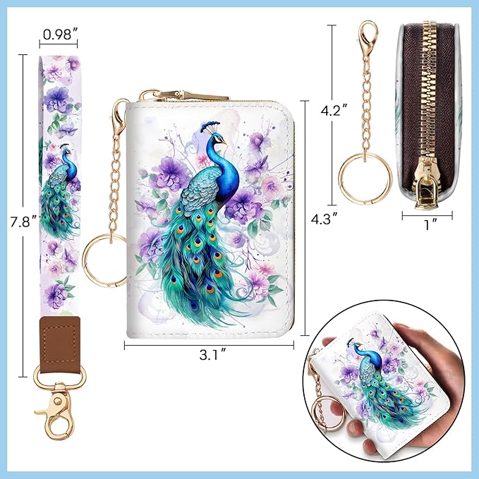 Blusabaca Credit Card Holder for Women, Peacock Small RFID Blocking Wallet with Wristlet Strap, Keychain Wristlet Zipper Women Wallet, Leather Card Case, Accordion Card Wallet Purse with Key Lanyard