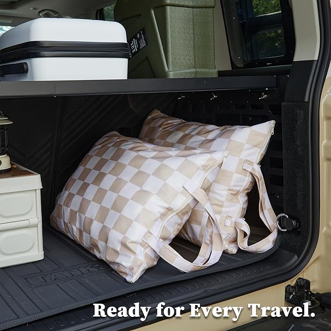 Ohocut Checkered 2 Pcs Large Travel Laundry Bags for Dirty Clothes, Aesthetic Trendy Waterproof Washable Laundry Bag with Handle for Travel, Gym, Swimming Pool, Beige