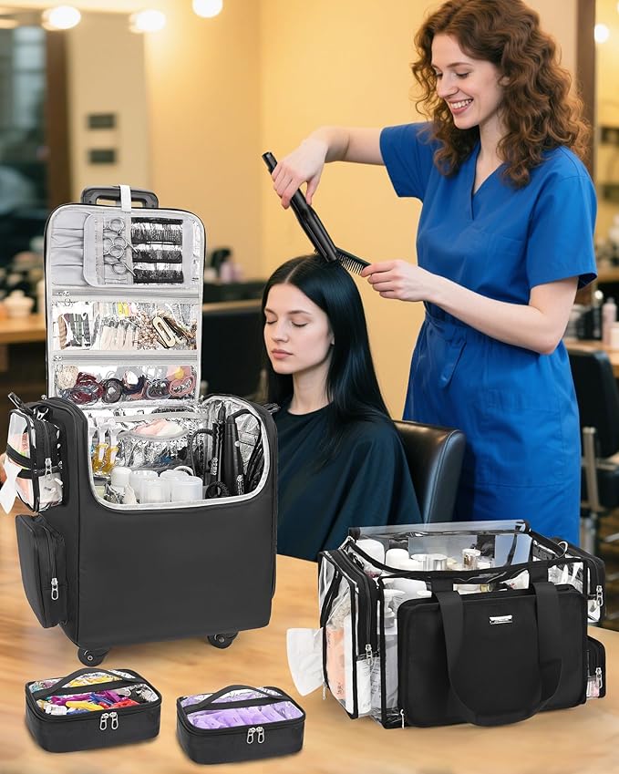 Relavel Rolling Makeup Train Case with Large Clear Makeup Bag, Hairstylist Traveling Bag with 4 Wheels, Cosmetic Storage Organizer Hair Stylist Travelling Bag with Adjustable Dividers & Shoulder Strap
