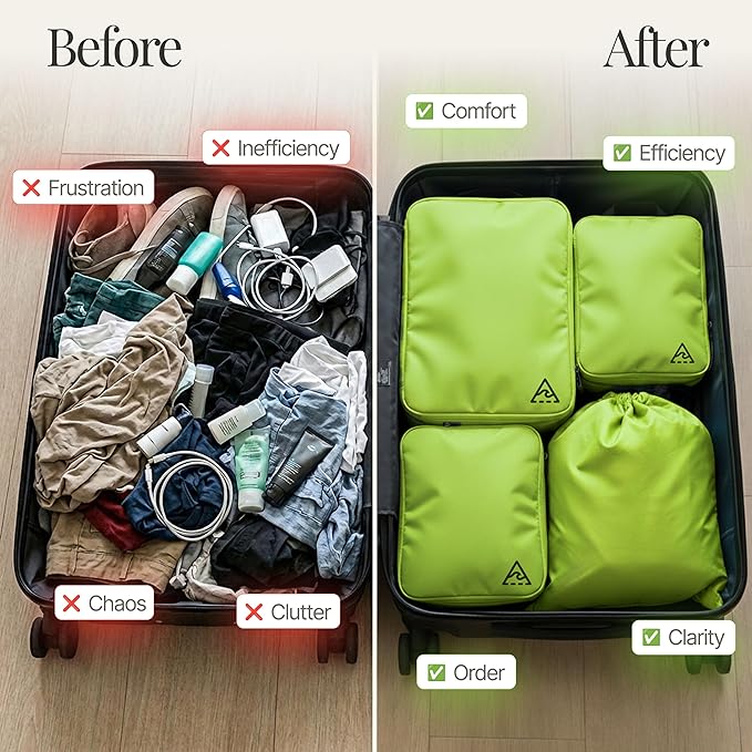 4-Piece Luxury Compression Packing Cubes & Bags for Travel – Maximize Space in Luggage with HybridMax Double-Capacity Design, 50 Luggage Tags, Patented Suitcase Organizer Bags, Lifetime Satisfaction
