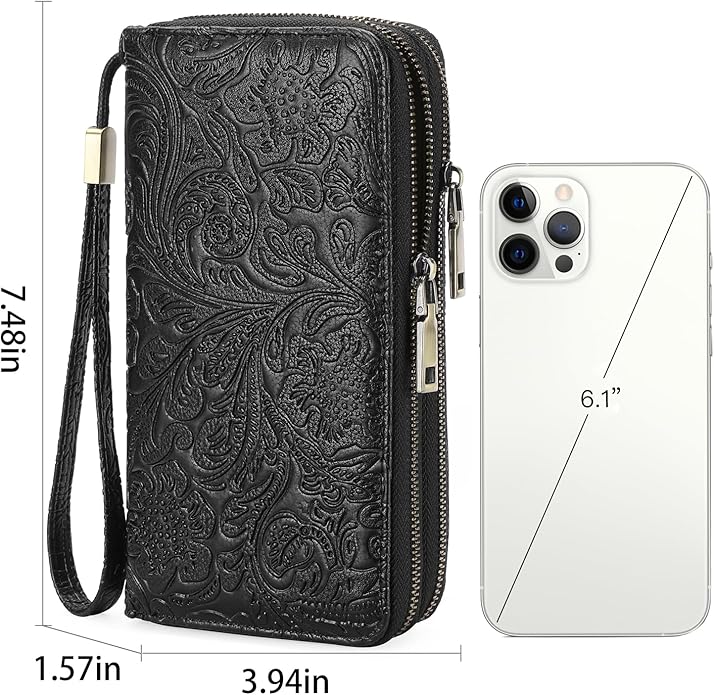 GOIACII Women's Wallet Wristlet Ladies Phone Purse RFID Blocking Large Card Holder Double Zip Grip Strap Vegan Leather