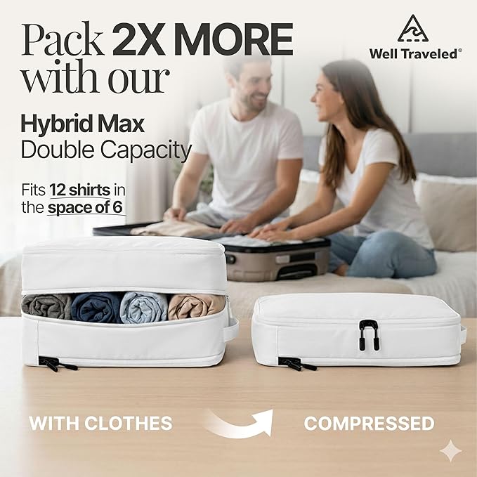 Well Traveled 8 pcs Compression Packing Bags Cubes Set with HybridMax Double-Capacity Design - Packing Cubes for Travel Compression to Maximize Limited Luggage Space, White