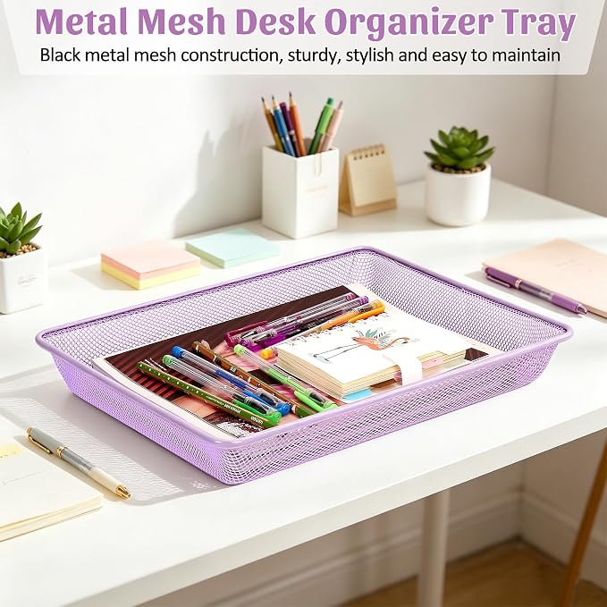 Office Metal Mesh Basket for Desk, Single Paper Tray Organizer, Turn in Trays Classroom, Flat Mail Letter Storage Basket for Office Home Drawers School (5, Purple)