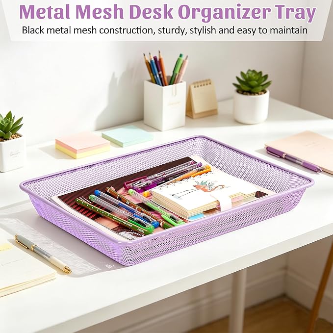 Office Metal Mesh Basket for Desk, Single Paper Tray Organizer, Turn in Trays Classroom, Flat Mail Letter Storage Basket for Office Home Drawers School (1, Purple)