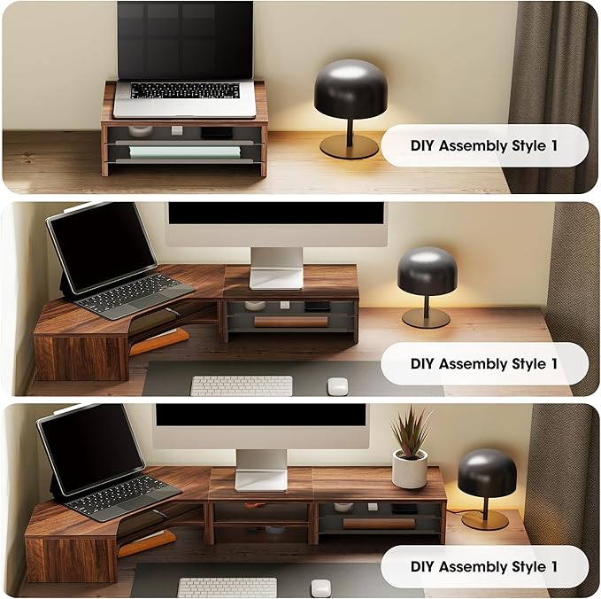 Fenge Monitor Stand, 3-Tier Monitor Riser with Slide-Out Tray, Wooden and Metal Desktop Organizer for Home Office, Computer, Laptop, Printer, Telephone