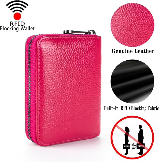 Suweibuke Genuine Leather Credit Card Holder Zipper Wallet RFID Blocking Secure Card Case ID Case Organizer (Rose Red)