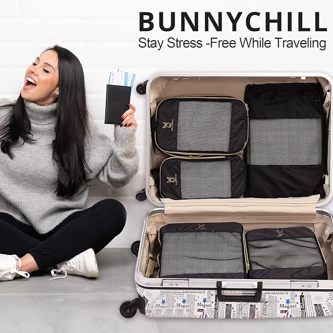 Compression Packing Cubes for Travel, Bunnychill Portable Zipper Packing Cube for Cloting, Expandable Space Saver Storage Luggage Organizer Bags for Suitcases