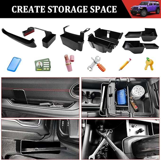 Center Console Organizer for 2018-2023 Jeep Wrangler JL JLU 4XE Gear Shift Console Side Tray Trunk Organizer Hanging Armrest Storage Box for Wrangler Accessories(18-23 5-piece, Not Gladiator)