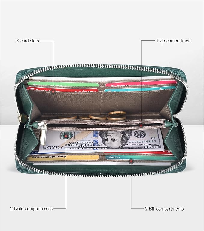 Oak Leathers Green Leather Wallet for Women - Medium RFID Womens Wallet Clutch with 8 Credit Card Holder, Coin Pocket, Gift for Women’s