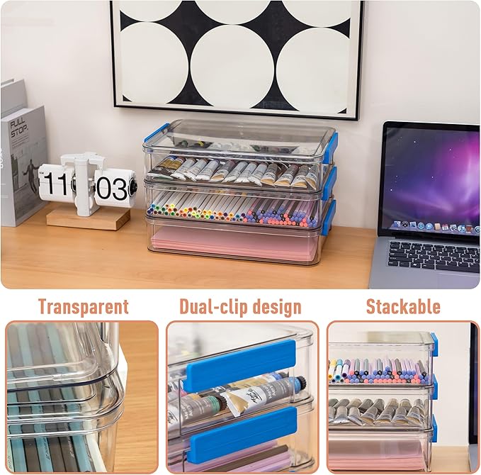 Citylife 6 Qt 9 x 13 Plastic Storage Bins with Lids and Latches, Portable Project Case for Drawers, Clear Stackable File Box for Organizing A4 Paper, Letters, Documents, Art Supplies, and Crafts
