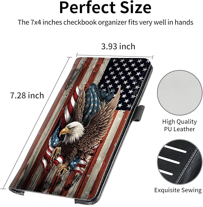 FUYOCWE Leather Checkbook Cover for Men Women Check book Holder Cover Wallets for Personal Checkbook Checks with RFID Blocking & Elastic Strap-Bald Eagle with Flag
