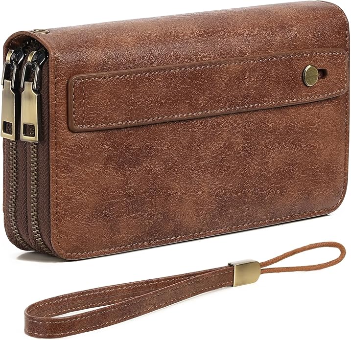 GAEKEAO Womens Wallet Large Capacity Double Zipper Ladies Card Phone Holder RFID Blocking Leather Clutch Wristlet Grip Strap