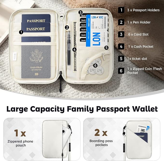 Veki Passport Holder for Travel Women Family, Passport Wallet Bag, RFID Travel Document Organizer, Waterproof Passport Holder for Men, Portable Case for Cards, Cash, Tickets, ID (Beige, L)