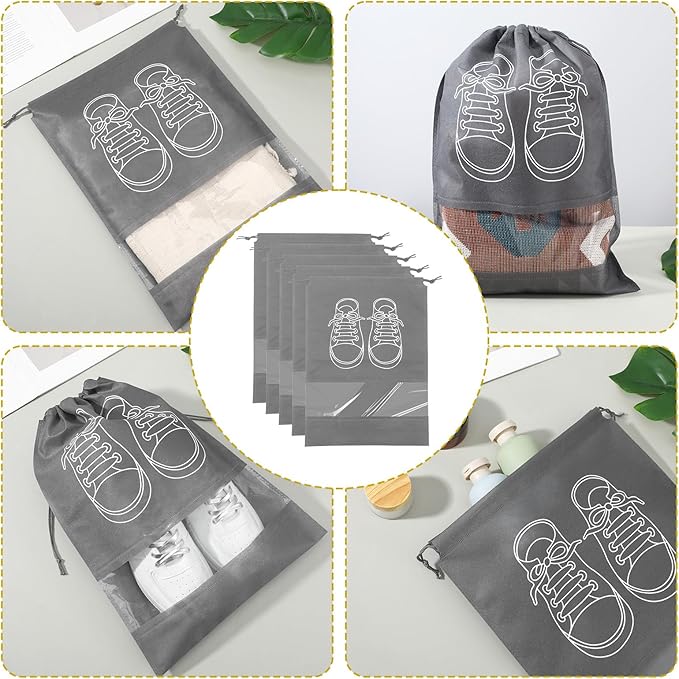 6 Pcs Travel Shoe Bags, Waterproof Non-Woven Shoe Storage Organizers with Drawstring Portable Packing Pouches for Suitcase Dark Grey Foldable Shoes Covers(12.6x17.32 Inch)