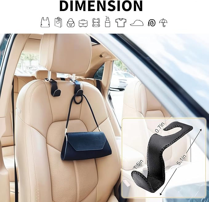 EldHus Headrest Hooks for Purses and Bags, 2 Pack Car Seat Hooks for Grocery Bag Handbag, Metal Car Purse Holder Covered by Leather, Black
