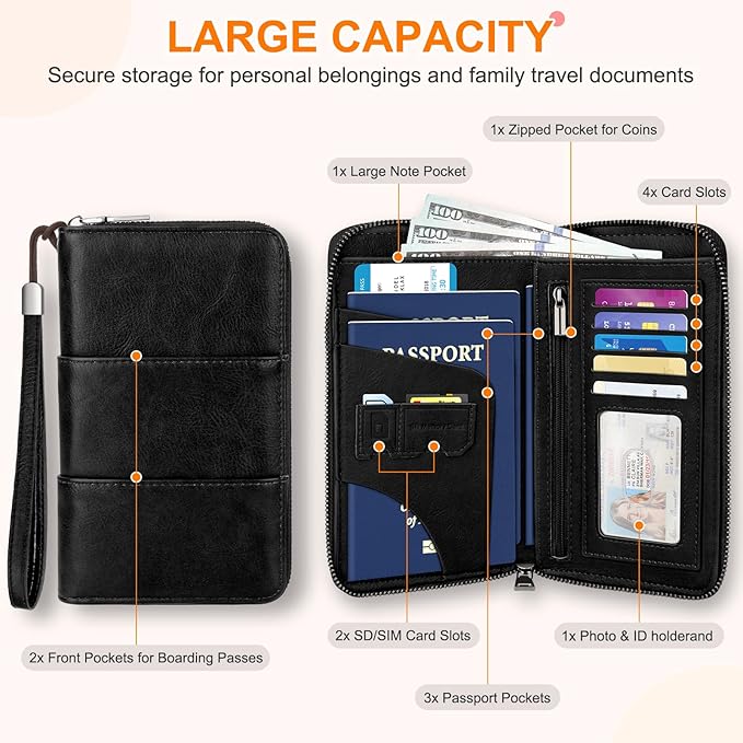 Family Passport Holder Wallet with Zipper, RFID Blocking Travel Document Organizer, PU Leather Passport Wallet for Women Men, Passport Cover Travel Wallet for Boarding Pass, ID, Money, Ticket
