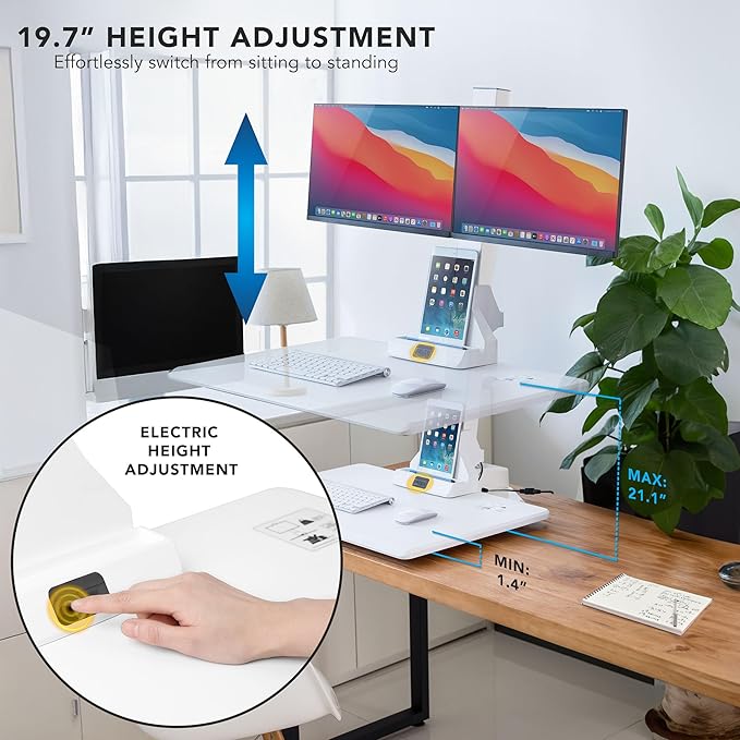 Mount-It! Electric Standing Desk Converter, Motorized Sit Stand Desk Riser with Dual Monitor Mounts, Adjustable Height Ergonomic Workstation with 28??Wide Platform and Tablet/Phone Slot, White