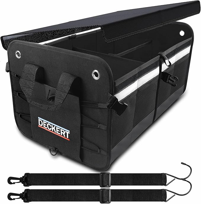 Deckert Car SUV Trunk Organizer, 600D Oxford Polyester, Collapsible, Multi compartments, Securing straps, Suitable for any car type, Black with Reflective Stripes