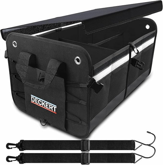 Deckert Car SUV Trunk Organizer, 600D Oxford Polyester, Collapsible, Multi compartments, Securing straps, Suitable for any car type, Black with Reflective Stripes