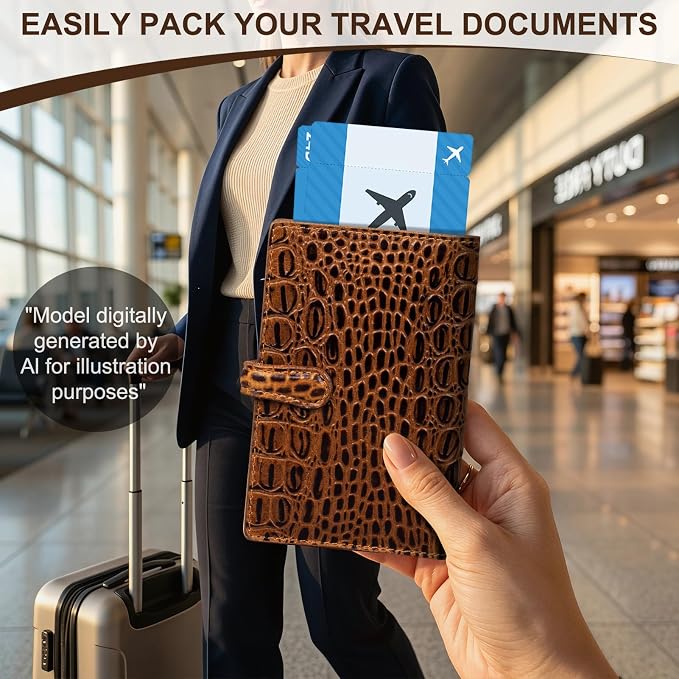 Genuine Leather Passport Holder Travel Bifold Wallet For Men And Women Slim RFID Blocking Brown