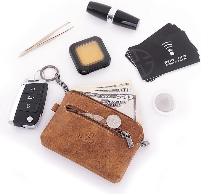 Trusador Milano Unisex Leather Front Pocket Wallet Coin Purse Zipper Pouch with Keychain (Cognac)